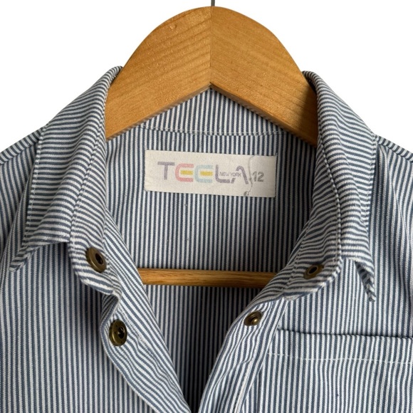 Teela Denim Pinstripe Tiered Dress Girls 12 Button Down Collared Knee Length - Picture 6 of 8